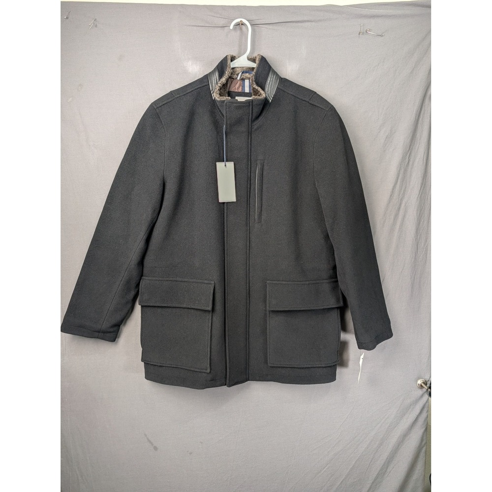 Cole Haan Signature Mens Black Wool Blend Faux Fur Trim Peacoat Jacket Large